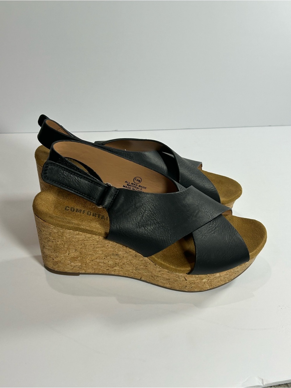 Cork Wedge Black Sandals Slingback Strap Size 7.5 Boho Casual Coastal Grandma